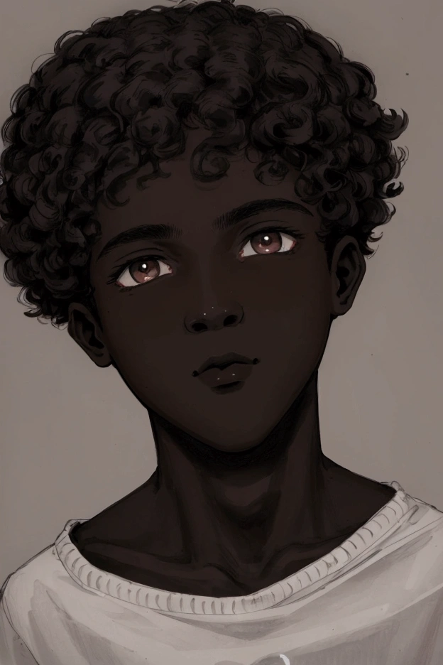(Boy1), (Individual portrait: 1.5), (Full-length portrait: 1.5), (17 year old teenager), (height 1.80), (average build), (short curly black hair) , (his face is oval shaped and the nose of the face is thick, flat, thinner and the mouth is large, thinner and brown eyes and the caricature of the face is ), (dark skin color: 1.5 )