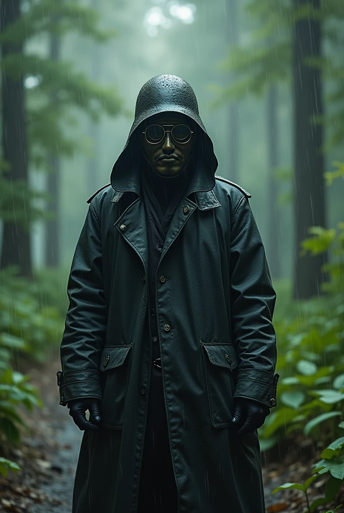 A man dressed in black, Wear a raincoat, The face is completely covered by an iron mask with glasses, Wear the M35 helmet. 

The setting is a beautiful forest, it's raining.  The Fairies around.