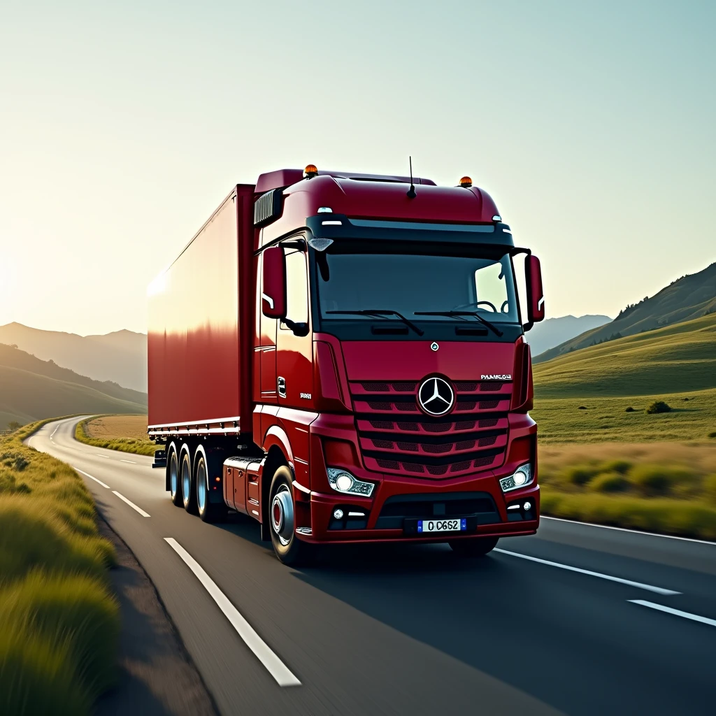 RED MERCEDES TRUCK ON THE ROAD