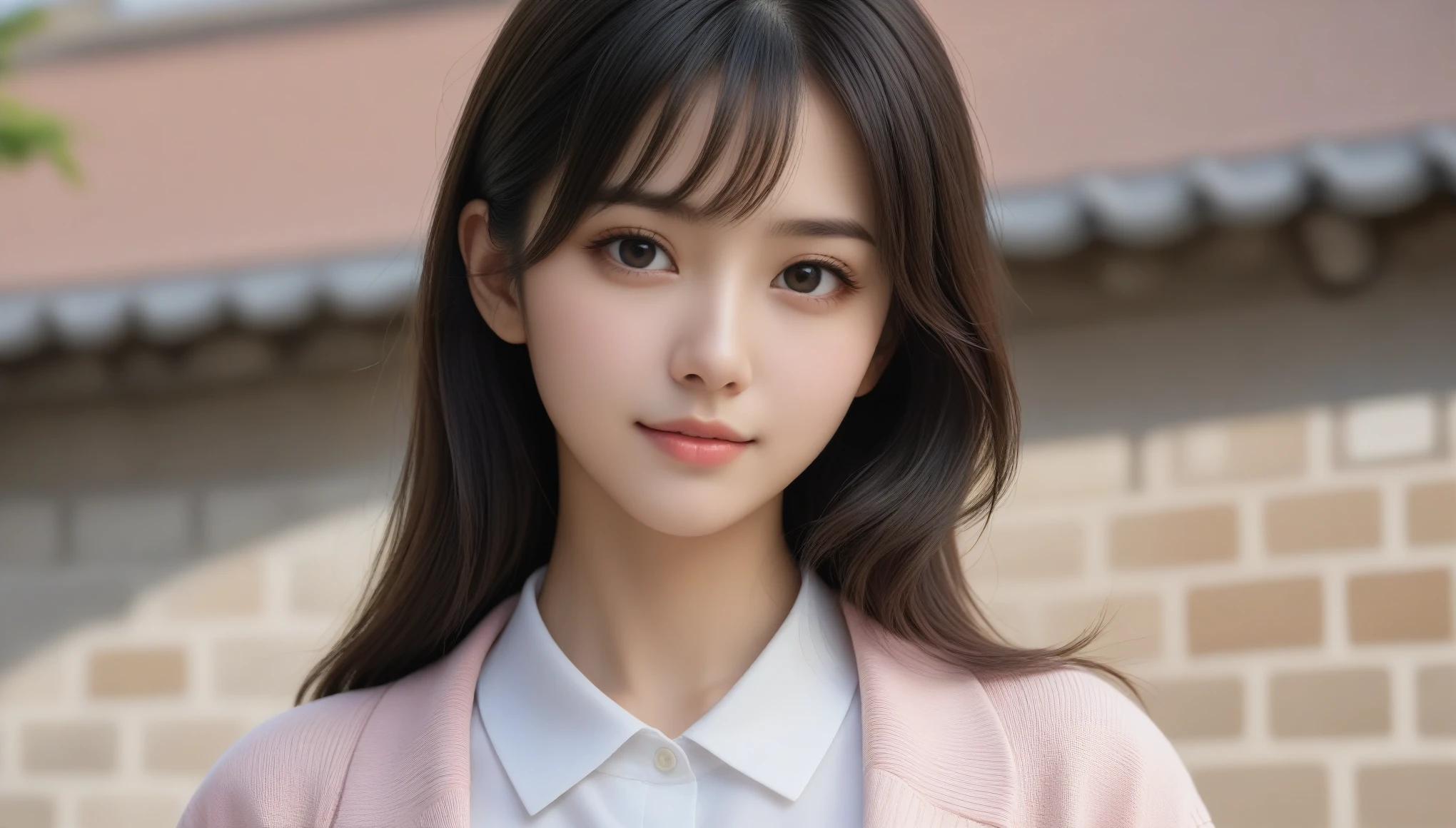 8k, Ultra-high resolution, Highest quality, masterpiece, 三分割法によるphotograph,Surreal, photograph, 1 Girl, (:1.3), cute, cute顔, 細部までBeautiful Eyes, 細かくdetailedに,masterpiece,One Girl:1.2,Japanese women,Young Wife,cowboy shot,smile,Black hair,Curtain bangs,(Collared shirt:1.3),cardigan,Pencil Skirt,Brick wall background,woman leaning against the wall,Arrival of spring,(Beautiful attention to detail),Subtle details, detailedな顔, smile,attractive,(のポートレートphotograph:1.4),(Photorealistic images:1.4),Fantasy art,(Beautiful Face:1.4),美しくattractive目、Beautiful Eyes、(Tight waist:1.4)、(Beautiful with perfect body proportions:1.4),Pink Lips,Looking at the audience,(((Ideal body type))),A-cup small breasts :2,、Portraiture:2、Perfect Anatomy、鮮明なdetailed、detailed,Fashion magazine cover,Thin lips,完璧でBeautiful Face ,完璧でcute顔, Skin with attention to detail, Perfect limbs、Narrow waist,Surreal,Light and shadow,sunbeam