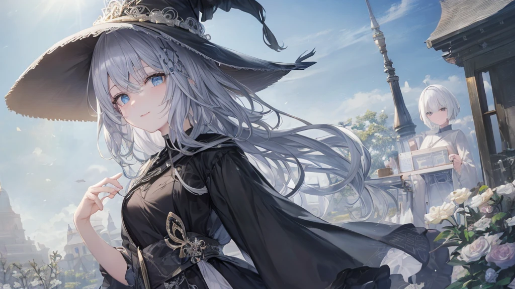 Ultra HD,Look at the viewers, Place your hands behind your back, and, 20-year-old, 非常にshort hair, Long bangs between the eyes, Pale blue eyes, Very detailed,(masterpiece、Highest quality),Gray Hair、Laughter、wonderful, Silver Hair, iris, short hair、 Fluttering Hair、Small face、明るいsmile、(Detailed face) ,Professional Lighting,wonderful風景,blue sky, sunlight,Looking down from above,Portraiture、Open your mouth、Flower Field、Her eyes were shining、Mysterious and enchanting atmosphere。With AI Painting、andてもshort hair, Long bangs between the eyes, Very detailed,(masterpiece、Highest quality)、alone、Gray Hair、Fantasy, Silver Hair, Fantasyな風景、smile、Open your mouth、short hair、short hair、hairpin、black eye、Grey Eyes、Beautiful Eyes、Black Shirt、White hoodie