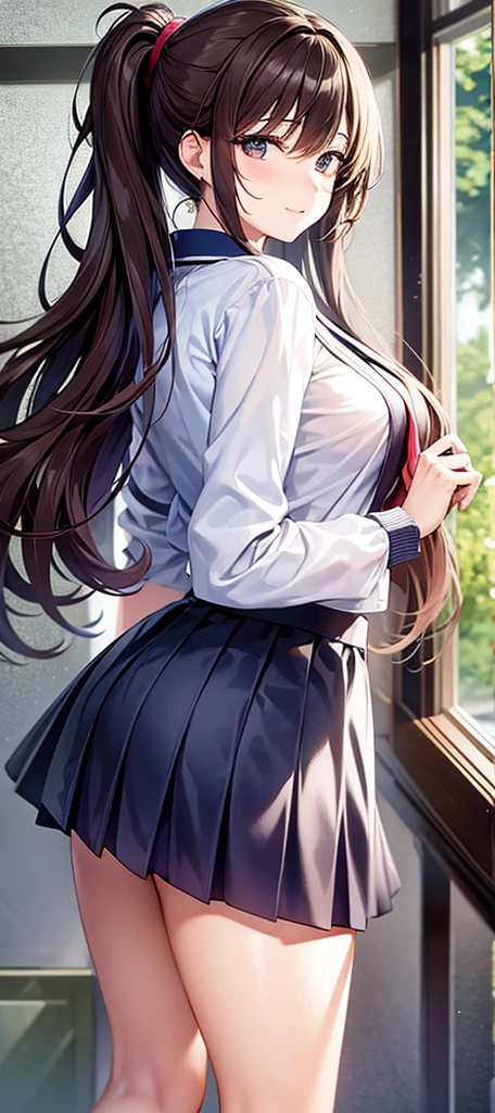 ((table top, highest quality, High resolution, perfect pixel,  4K))), 1 girl, single, alone, beautiful woman、I could see the whole body、 ((middle wavy hair, bangs, brown hair)), ((brown eyes, beautiful eyelashes, realistic eyes)), ((detailed face, blush:1.2)), ((smooth texture:0.75, realistic texture:0.65, realistic:1.1, Anime CG style)), medium breasts, dynamic angle, perfect body, ((topless, nipple, black skirt, plaid skirt)), City staircase、Angle looking up from the bottom of the stairs、Very embarrassing panic smile, looked back、leaning forward、(The wind flipped my skirt and exposed my butt.、Touching the buttocks with both hands、Light pink floral lace panties)、