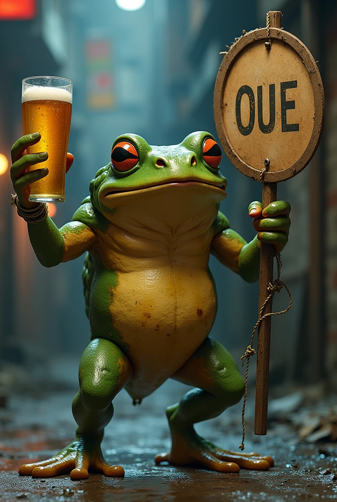 A fierce-looking frog holds a glass of beer in his hand, while the other holds a large round sign raised high up.
