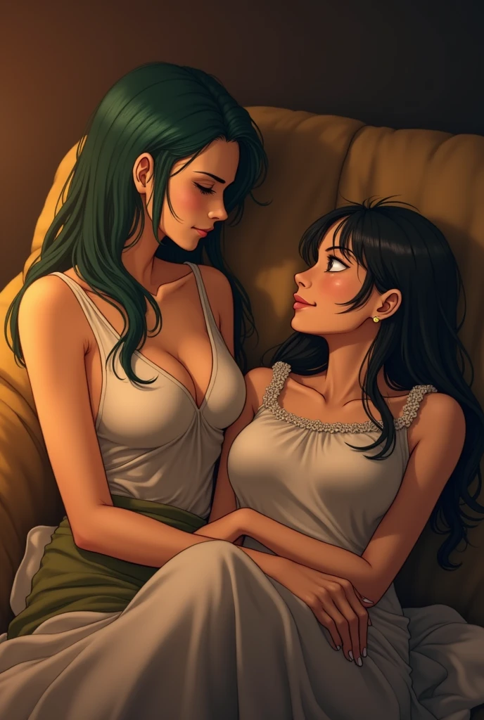 Roronoa Zoro , lying on Nico Robin lap in warm room, Robin is looking on the face of Zoro with a smile