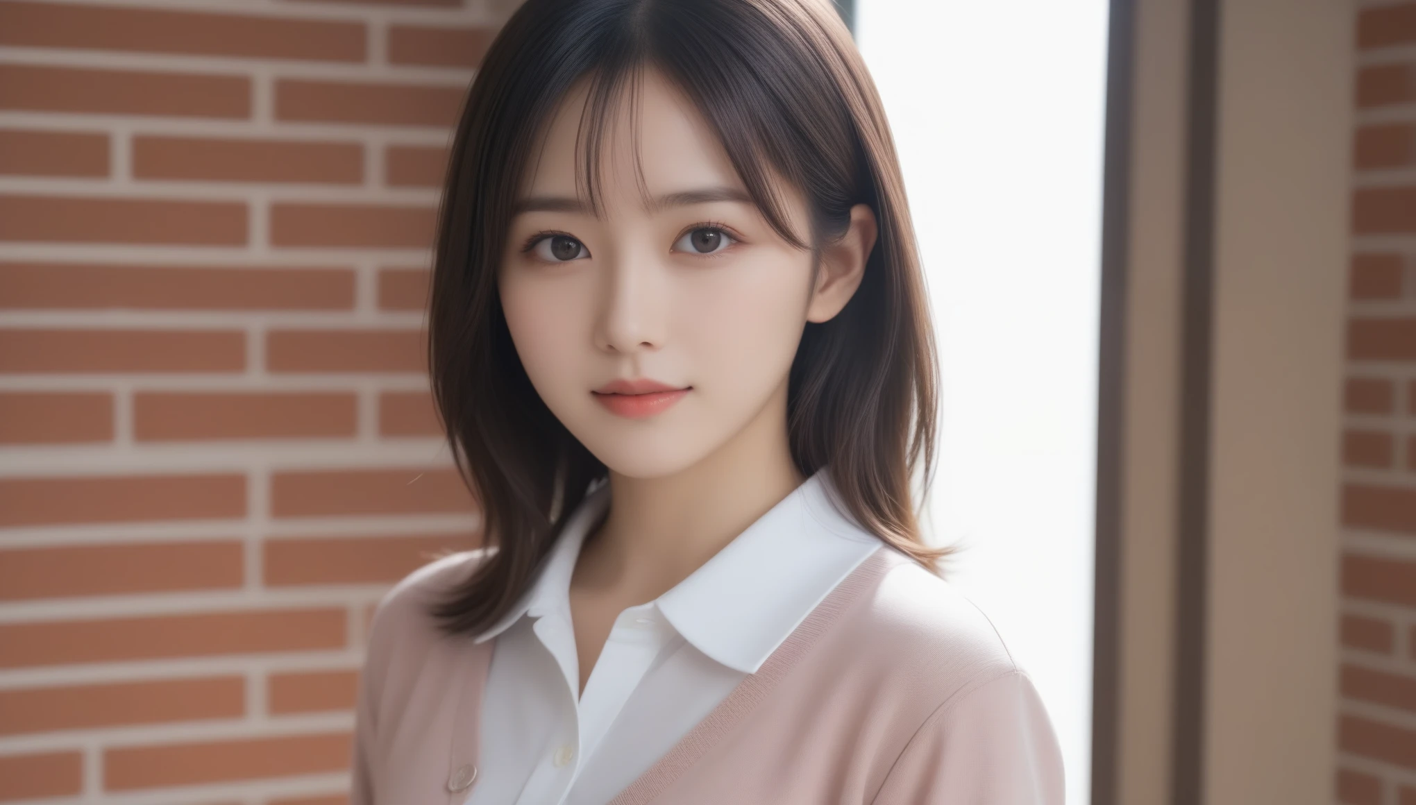 8k, Ultra-high resolution, Highest quality, masterpiece, 三分割法によるphotograph,Surreal, photograph, 1 Girl, (:1.3), cute, cute顔, 細部までBeautiful Eyes, 細かくdetailedに,masterpiece,One Girl:1.2,Japanese women,Young Wife,cowboy shot,smile,Black hair,Curtain bangs,(Collared shirt:1.3),cardigan,Pencil Skirt,Brick wall background,woman leaning against the wall,Arrival of spring,(Beautiful attention to detail),Subtle details, detailedな顔, smile,attractive,(のポートレートphotograph:1.4),(Photorealistic images:1.4),Fantasy art,(Beautiful Face:1.4),美しくattractive目、Beautiful Eyes、(Tight waist:1.4)、(Beautiful with perfect body proportions:1.4),Pink Lips,Looking at the audience,(((Ideal body type))),A-cup small breasts :2,、Portraiture:2、Perfect Anatomy、鮮明なdetailed、detailed,Fashion magazine cover,Thin lips,完璧でBeautiful Face ,完璧でcute顔, Skin with attention to detail, Perfect limbs、Narrow waist,Surreal,Light and shadow,sunbeam