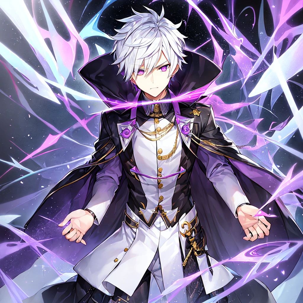 1 boy, shorth hair, White hair, black overcoat, purple eyes