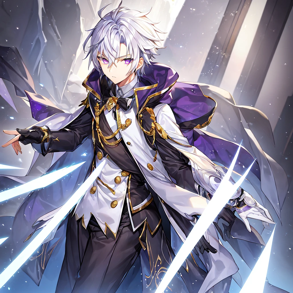 1 boy, shorth hair, White hair, black overcoat, purple eyes