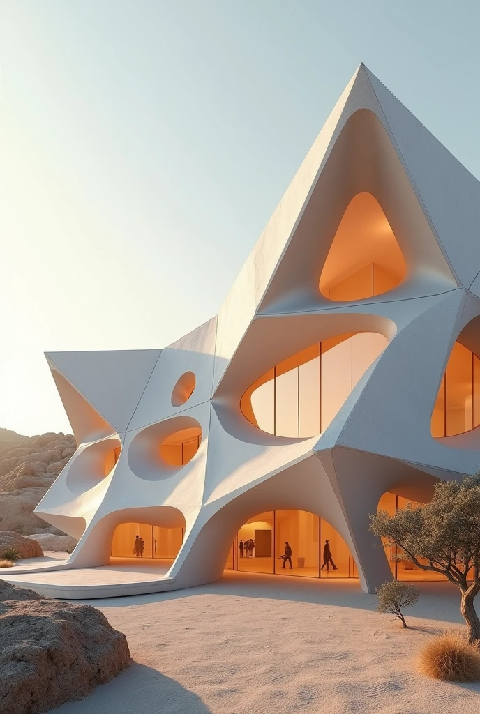 Volumetric design of an art gallery in the folding style in a hot and dry climate
