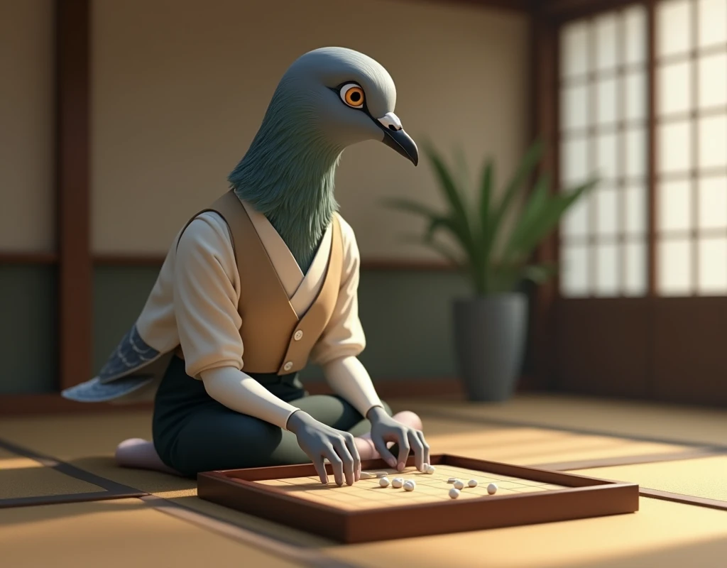 A gray female pigeon wearing an off-white collared short-sleeved shirt, a light brown vest, a knee-length black skirt, dark green socks and black shoes.、Sitting upright in a Japanese-style room, playing Go、Photorealistic images