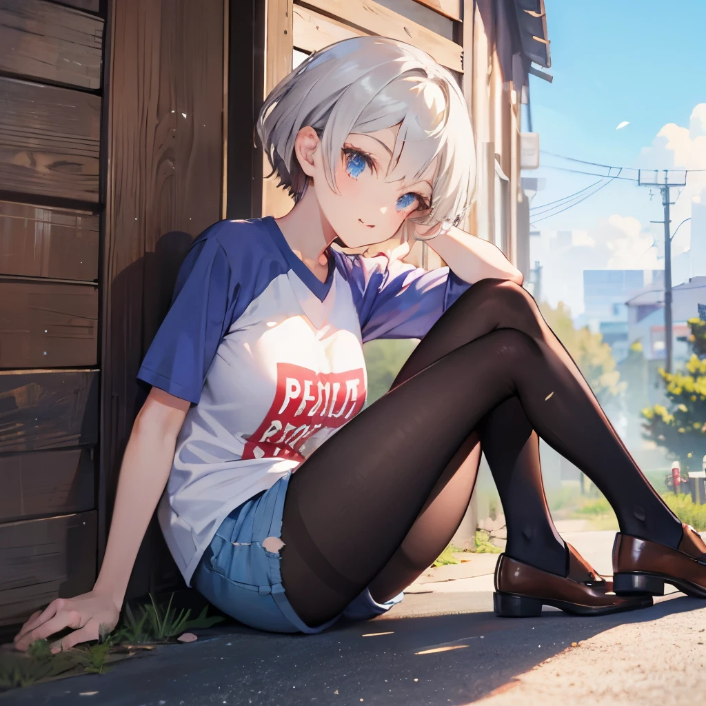 Long shot,ground shot, ground shot, front angle, beautiful girl,fullbody, high quality, masterpiece,break, uh1, shirt, raglan sleeves, romaji text, clothes writing, long sleeves, denim shorts, pantyhose, fang, T-shirt,writting,T-shirt that says "Sugoi Dekai",beautiful girl's face, (very beautiful girl's face)