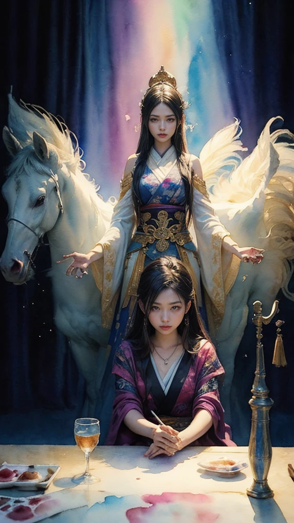 An epic clash between divine beings. The sky showcases extravagant shades of violet, pink, and gold against the backdrop of stars and galaxies. One fierce deity, an East Asian male with burning eyes and white attire, summons lightning, illuminating the battlefield. The other entity, a Middle Eastern female exhibiting serene calm, clad in a flowing green robe, wields a tome radiating ethereal light. Above, cosmic dragons twist and coil, their scales shimmering with stardust as they roar in anticipation. Below, an earth transformed by the battle displays crumbled mountains, roaring oceans, and forests set alight.