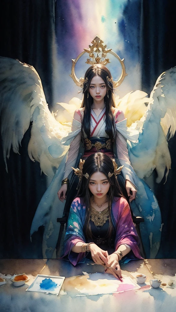 (Tabletop, Highest qualityの, Highest quality, Official Art, (beautifully、aesthetic:1.4), (Watercolor:1.4) ), (Izanami 1.5), 日本のgod話の女god, Majestic beauty, 創造の女god、生命の女god、Typically、((((Typically))))、Reincarnation Support, god'Grace, Gentle and meditative expressions, Flowing, celestial garments, Shine、Created all the landscapes and worlds on Earth, A dazzling dance of light, Whispers of Ancient Legends,Hands below chest level,The hair is a little shorter
