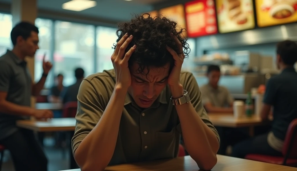 A scene with McDonald's attendants working and in the center a young man in the center highlighted, exhausted, with both hands pulling the hair, in despair, sobbing, semi realistic, cinematic.