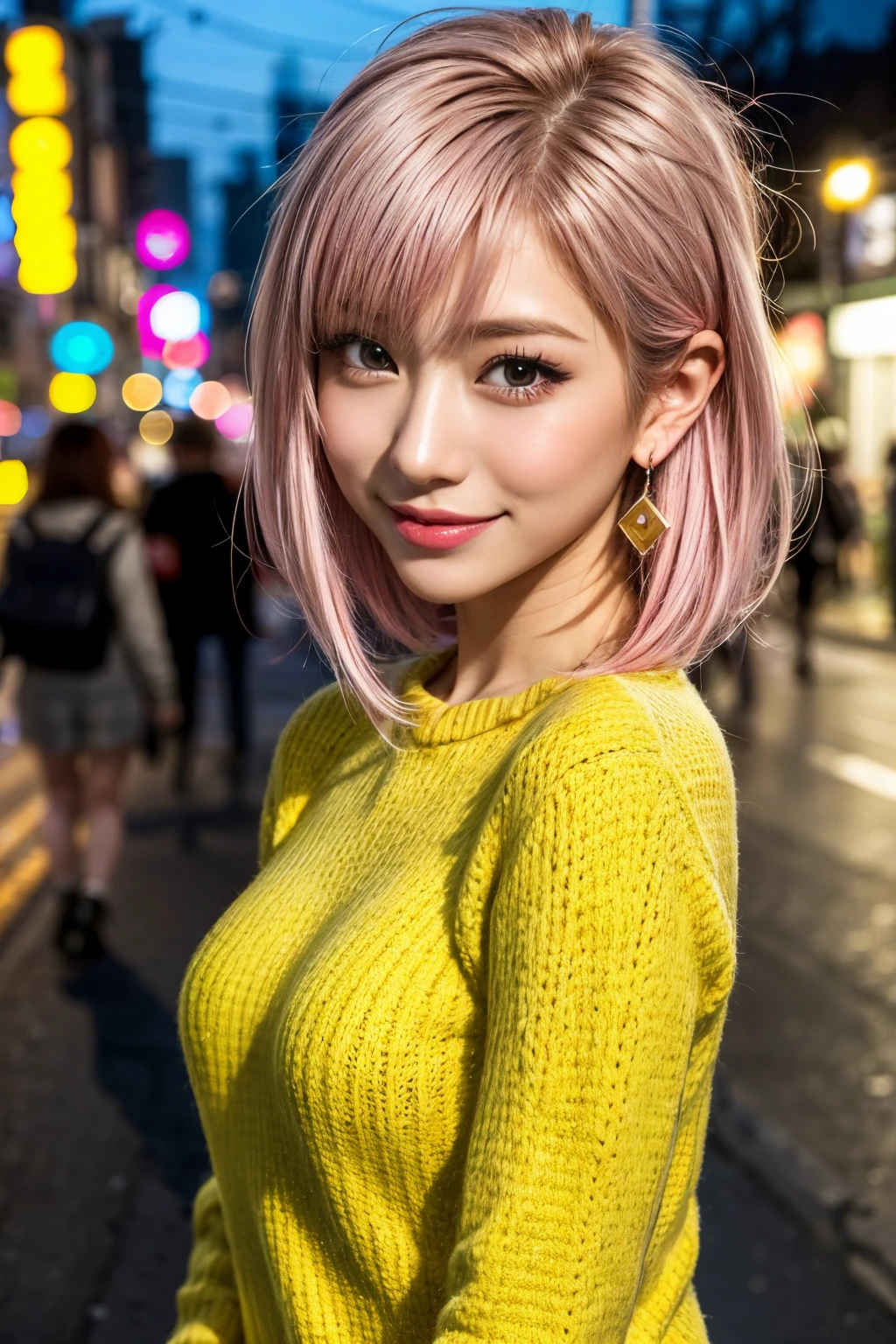 highest quality, Tabletop, 超A high resolution, (Realistic:1.4), (Japanese Idols),RAW Photos, One Girl, night,Detailed skin,Blurred streetscape of Korea,,blond HAIR, (PINK INNER HAIR:1.3),Glossy Lip,smile,(model posing:1.2),2,Fine and beautiful eyes,Diamond Jewelry,Earrings,Gold Jewelry,Cold Light,Tight black knitwear,,(Strengthened upper arms:1.2),A well-trained body,Pixie Hair