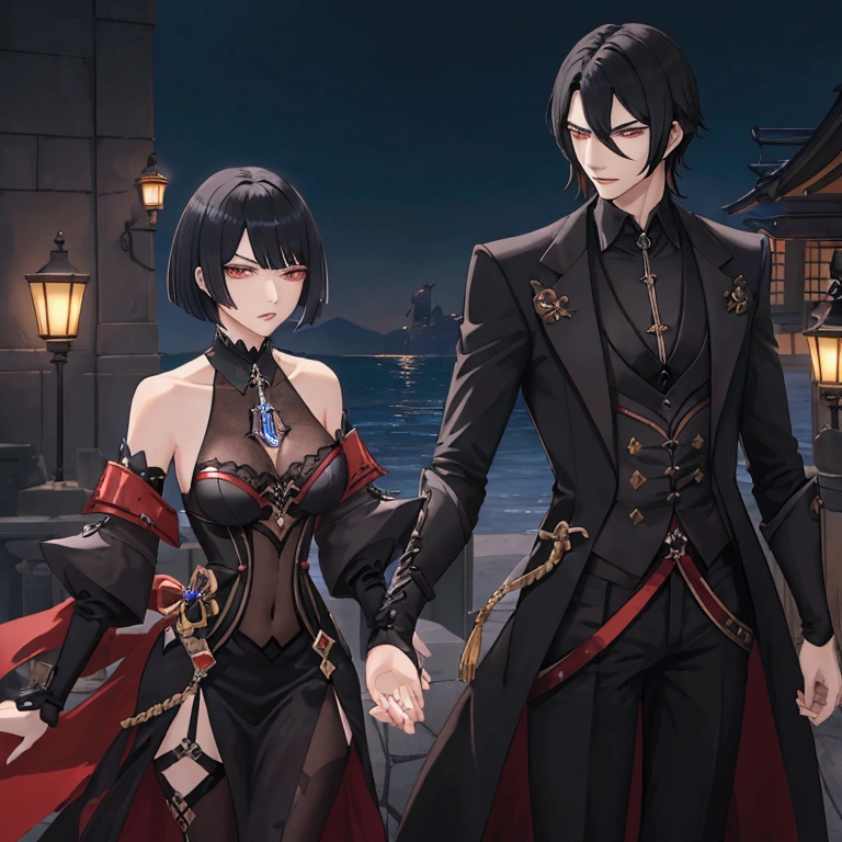 1 male (arrogant, black short hair, tall, like character scaramouche from genshin impact) and 1 girl (medium hazel hair), Arguing and argument , wear simple clothes, in park, enemy