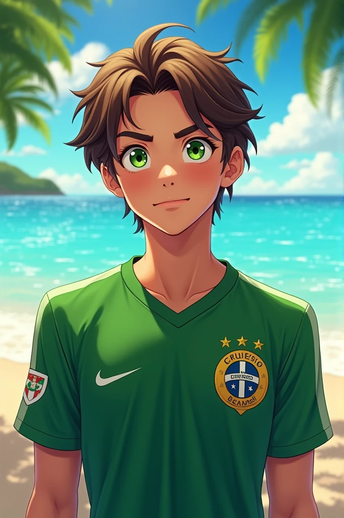 One with green eyes and brown hair wearing a Cruzeiro shirt with the team&#39;s shield made of stars enjoying a good view of Bahamas Beach