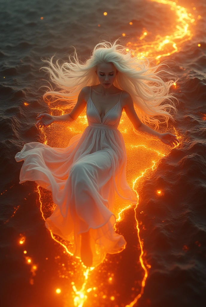 low shutter photo of a beautiful blonde long haired albino lady swimming in lava