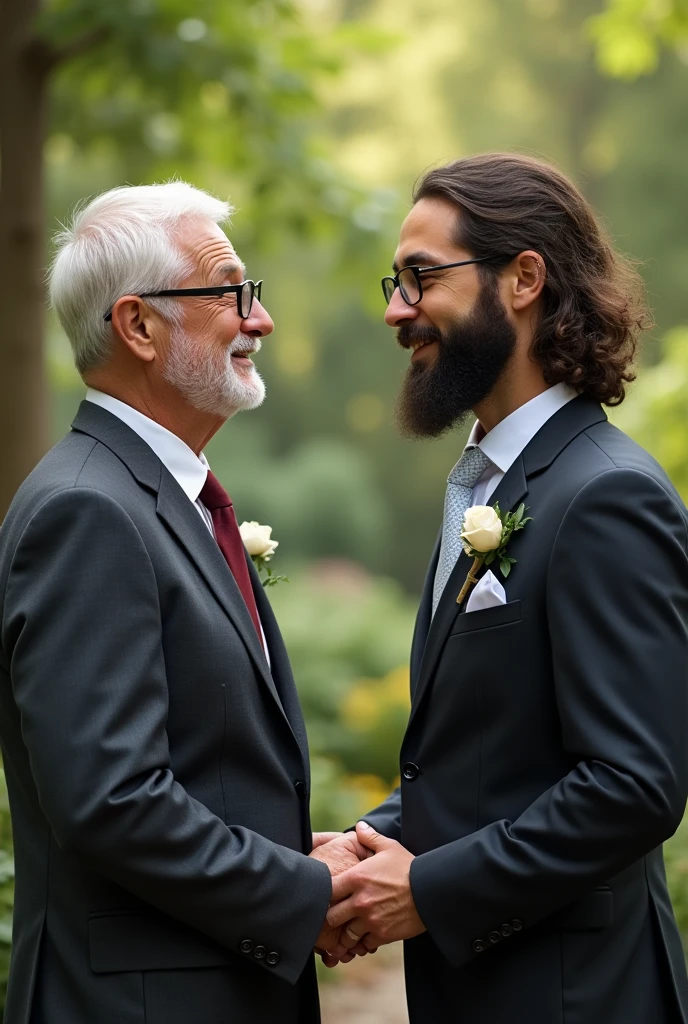 Old black man with short white hair and glasses marrying a white man in his thirties with long brown hair with a beard and hazel eyes with glasses 