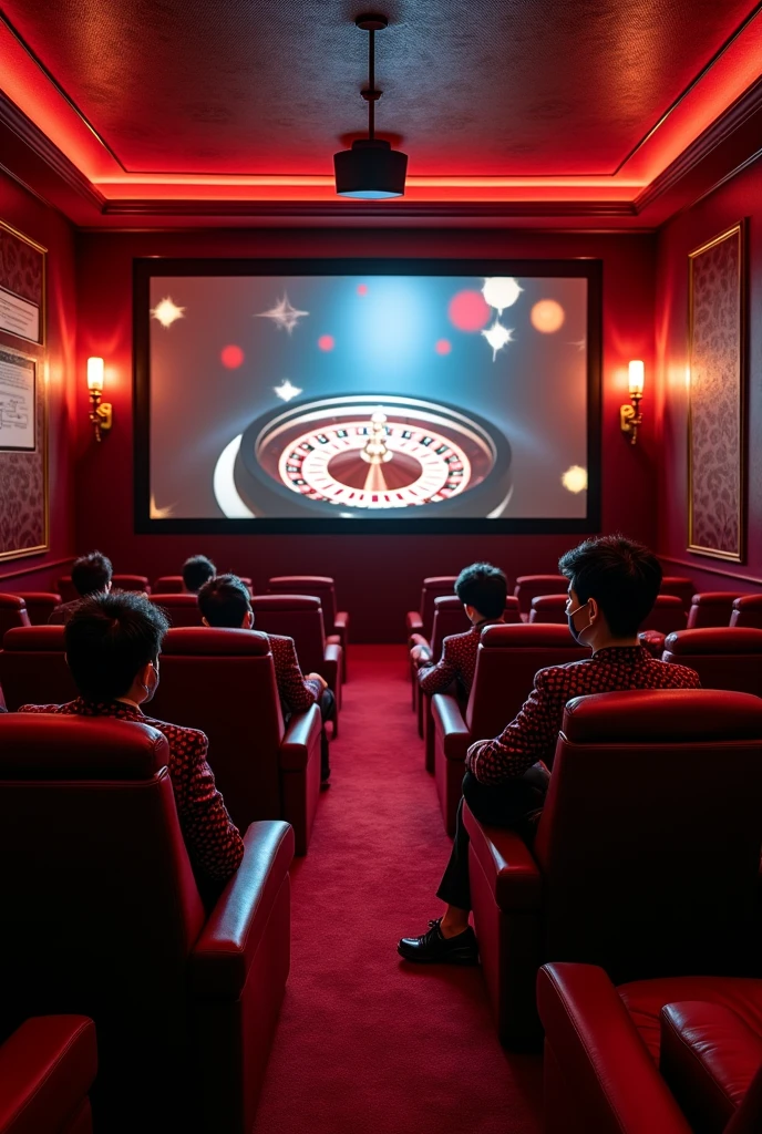 A personalized movie theater with medals, roulette frame, roulette course certificate on the wall and a projector projecting the roulette game in the center of the room and people wearing uniforms with the roulette print and roulette game masks 