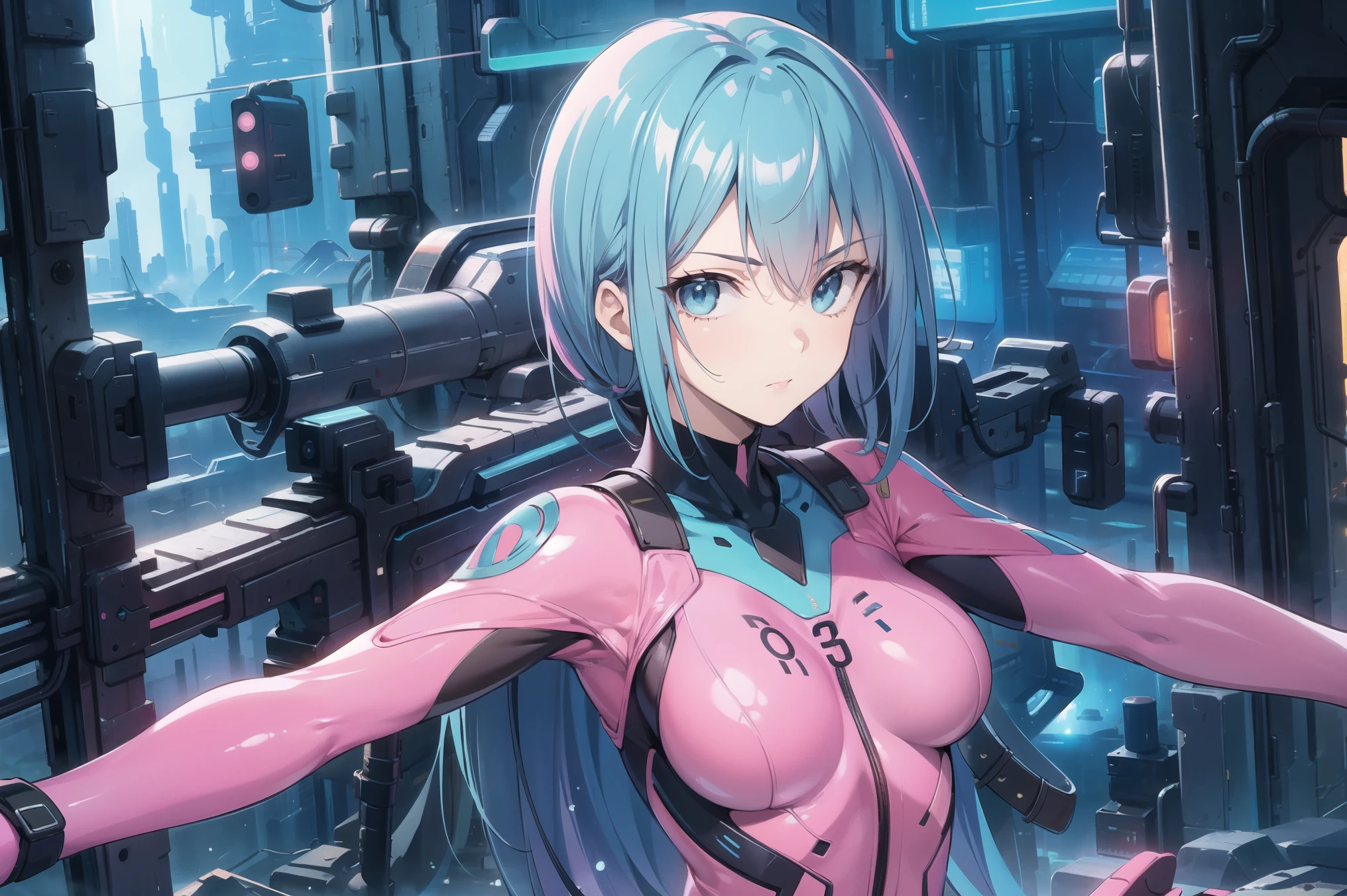 ((masterpiece)), ((best quality)), perfect detailed eyes, perfect detailed face, light blue hair, hair over shoulder, (pink bodysuit), armed shoulders, armed arms, sci-fi movie warrior, shiny costume, Cute girl, detailed face, fine details, diffused reflection of light behind,