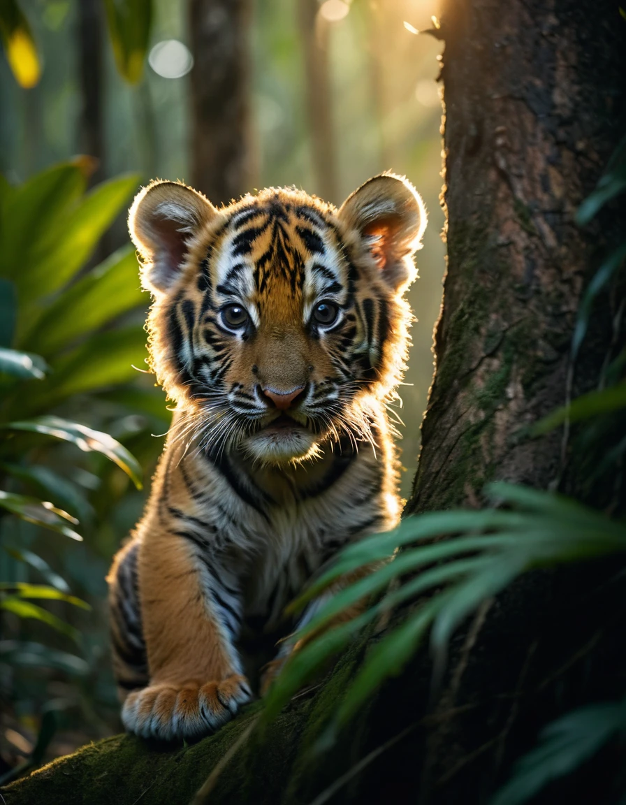 cinematic film still sunset light, arc light, jungle, nature landscapes, a smooth and cute tiger cub poking its head out, mysterious forest, looking at the camera, close-up, sony lens, animal photography, jungle landscapes in South America, super high resolution, minimalist backgrounds