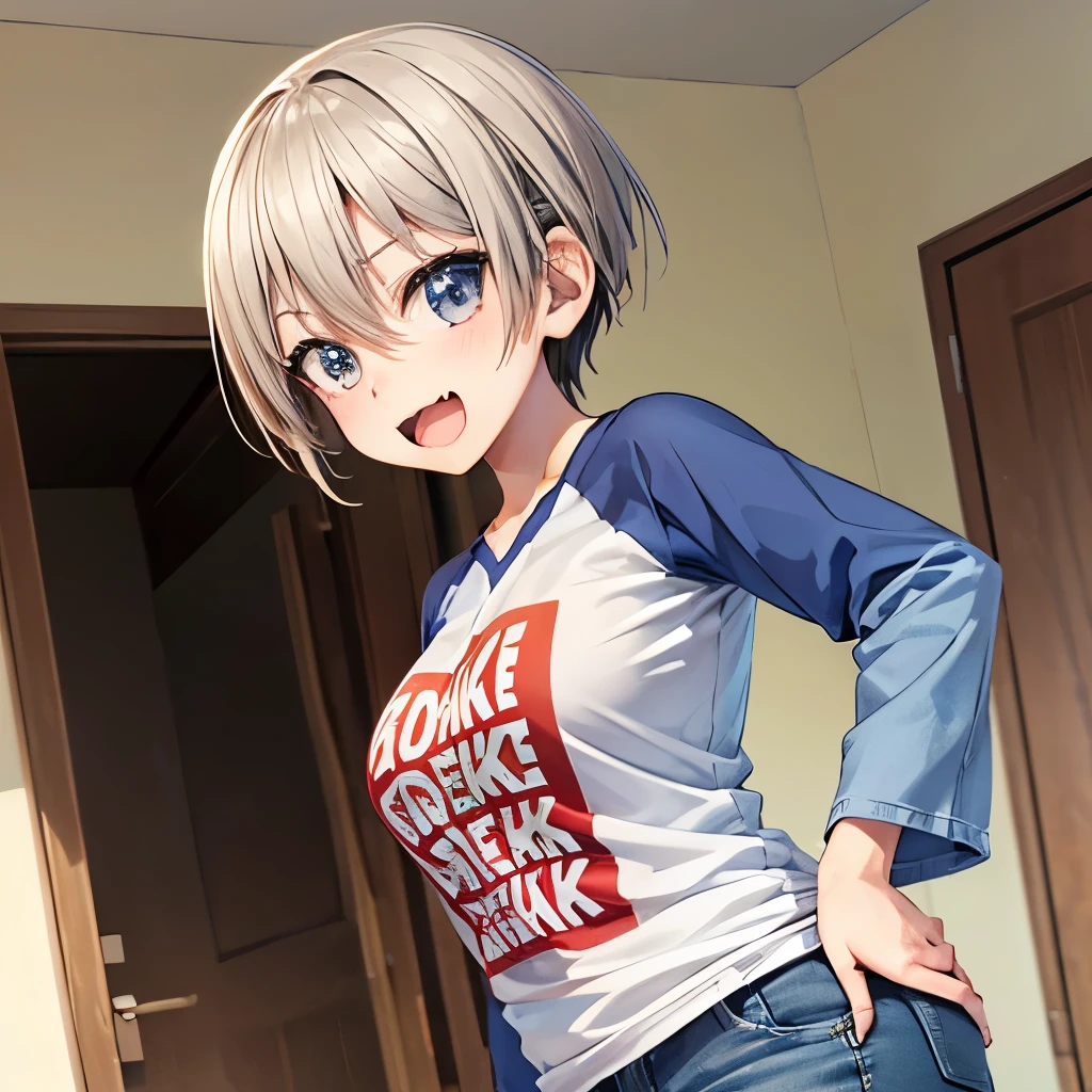 Long shot,ground shot, ground shot, front angle,l, beautiful girl, high quality, masterpiece,break, uzaki hana, raglan sleeves, romaji text, clothes writing, long sleeves, denim shorts, pantyhose, fang, T-shirt,writting,T-shirt that says "Sugoi Dekai",beautiful girl's face, (very beautiful girl's face)