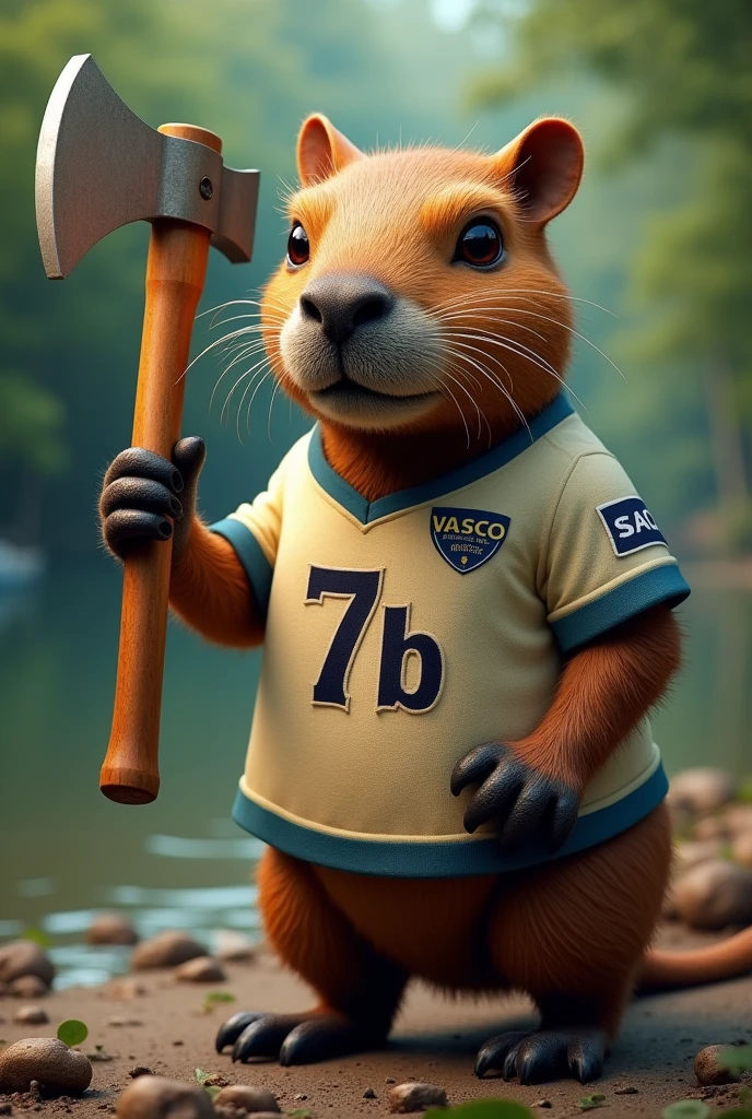 Capybara with an axe wearing a Vasco shirt and the shirt says 7b