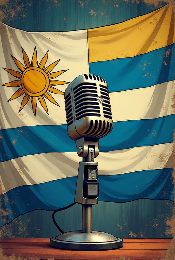 Create an illustration of an old microphone surrounded by a Uruguayan flag for a political radio show 