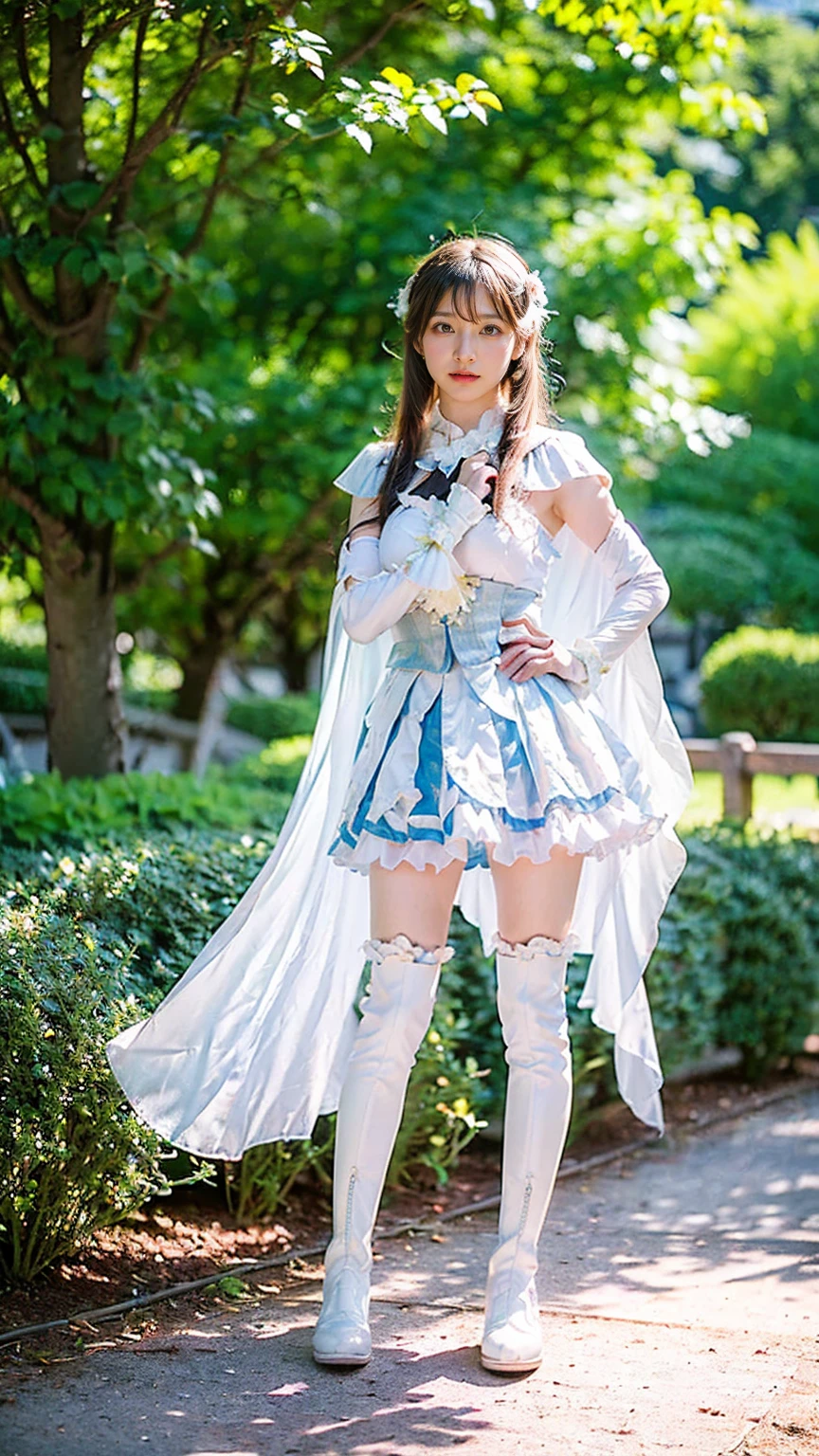 (8k、RAW Photos、Highest quality、masterpiece:1.2)、(Realistic、Realistic)、1 person、((White and light blue、garden、Frills、Cape、mini skirt、Thin legs、whole body、boots、View from the front、Looking into the camera、Stand with hands on hips))、cute