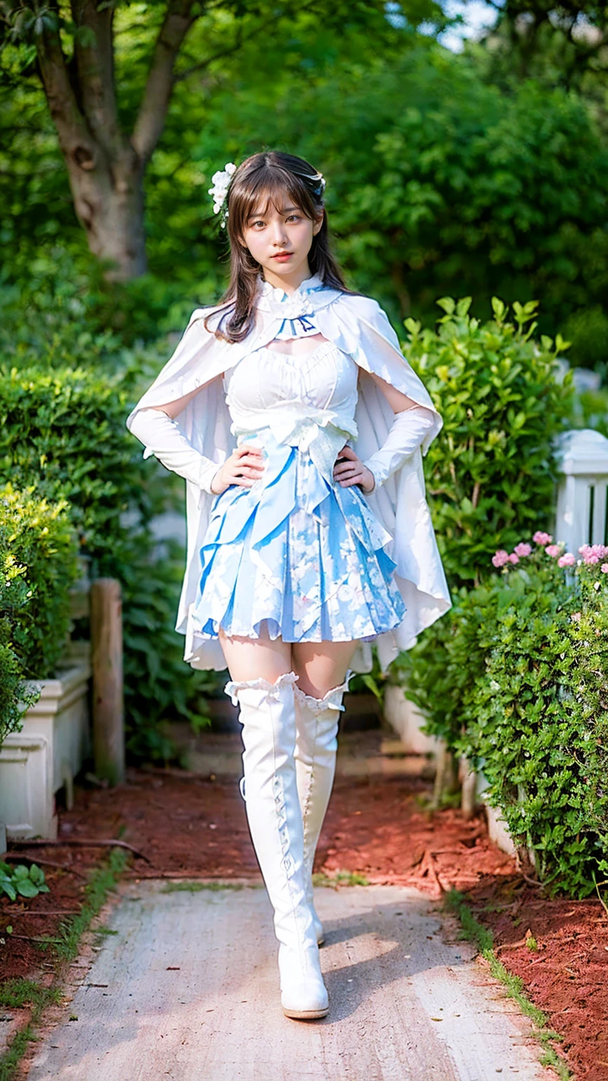 (8k、RAW Photos、Highest quality、masterpiece:1.2)、(Realistic、Realistic)、1 person、((White and light blue、garden、Frills、Cape、mini skirt、Thin legs、whole body、boots、View from the front、Looking into the camera、Stand with hands on hips))、cute