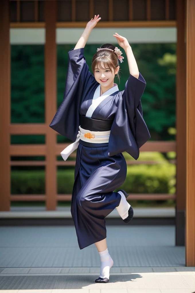 Photo-realistic quality、A 20-year-old woman is wearing a kimono and dancing the Awa Odori dance., Traditional Japanese, Detailed and beautiful eyes、Cute smile、A soft and gentle look、White tabi socks、Black wooden clogs、Awaodori