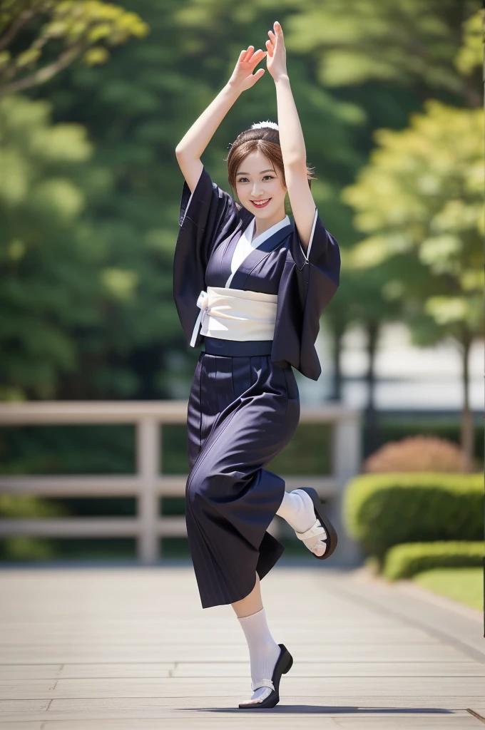 Photo-realistic quality、A 20-year-old woman is wearing a kimono and dancing the Awa Odori dance., Traditional Japanese, Detailed and beautiful eyes、Cute smile、A soft and gentle look、White tabi socks、Black wooden clogs、Awaodori