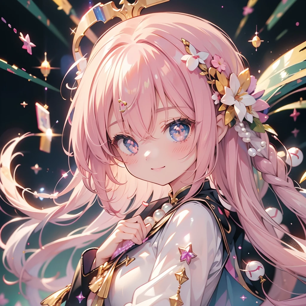 One Girl、Cute ears、Heavenly gate、Decorated with pearls、Realistic Anime、8k、Cinematic、creates a dramatic、Background glitter hologram、smile、