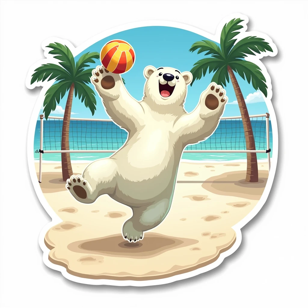Sticker, Polar Bear Playing Volleyball On Miami Beach, Vector, White Background, Detailed