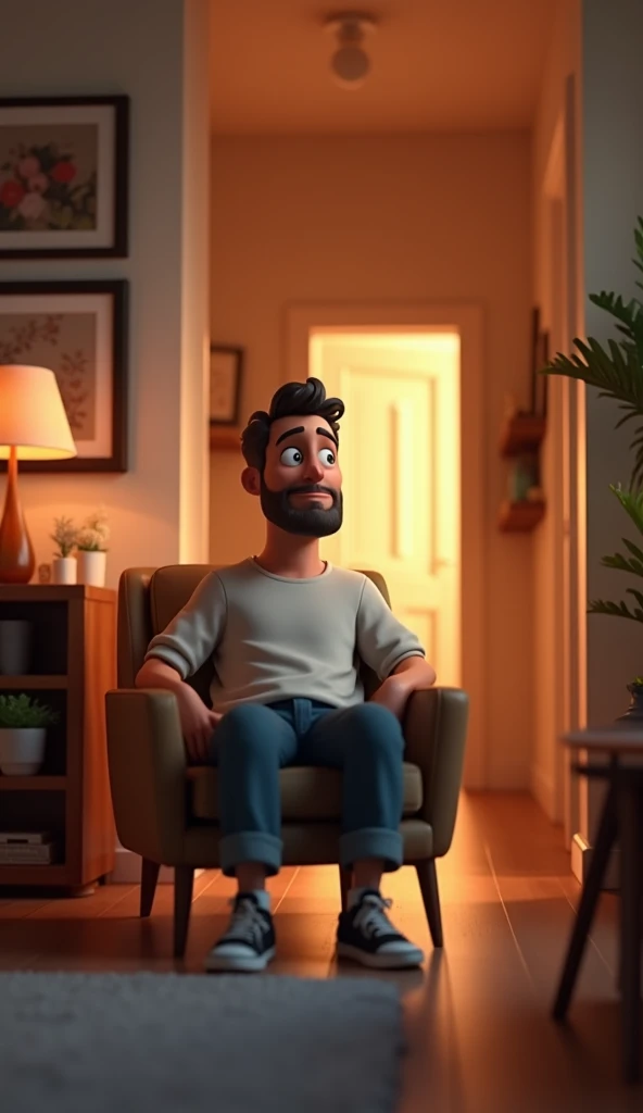 One husband  in home passage background 3d animation style 