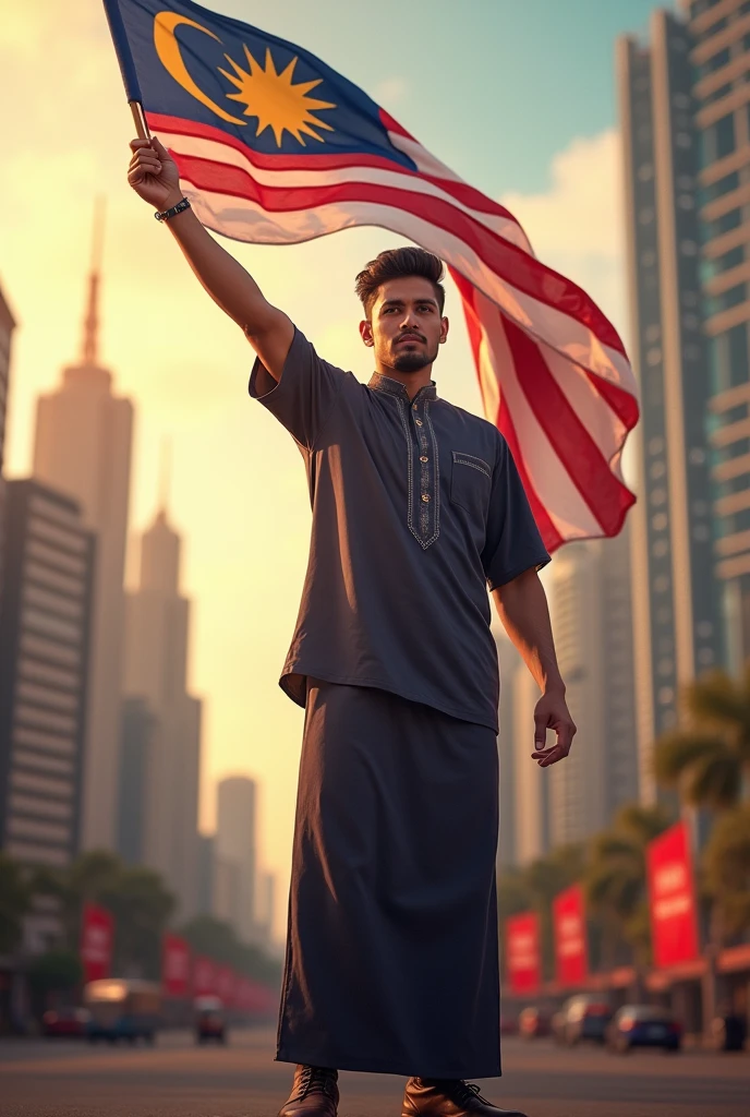 Picture lanscape view, created a hensom man with a slightly , glasses, Malay face, 29 years. wearing traditional Malay men's clothes, standing straight and raising his right hand high while holding the Malaysian flag, facing the camera, the background of the Malaysian city of Kuala Lumpur, the word 'MERDEKA' is written above in blurred writing, the image is very detailed, super HD