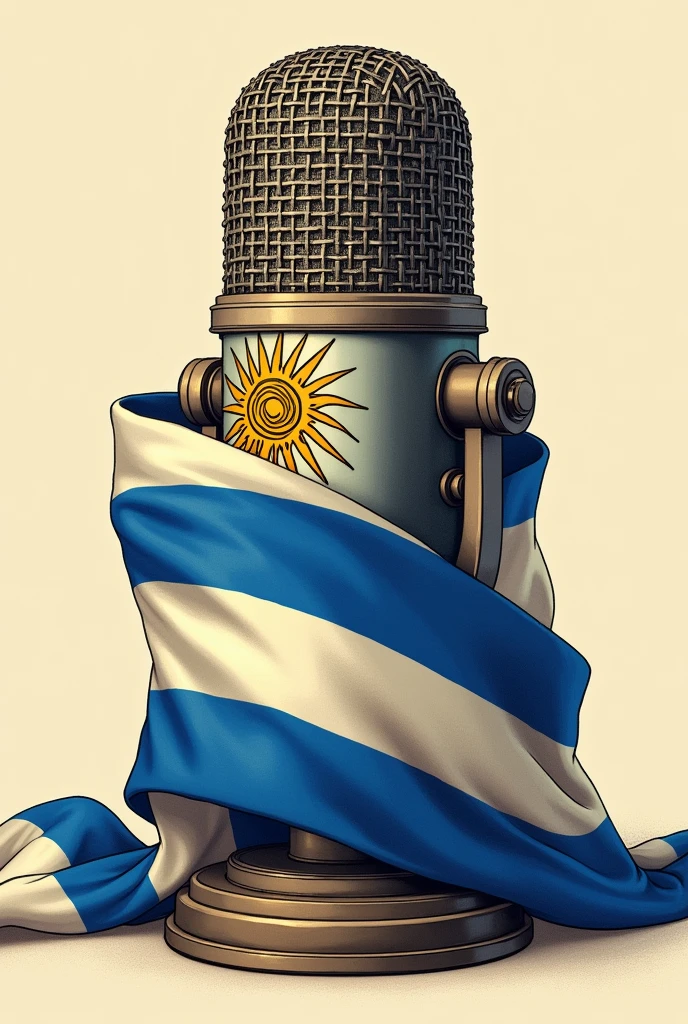 Create an illustration of an old microphone wrapped in a Uruguayan flag for a political radio show