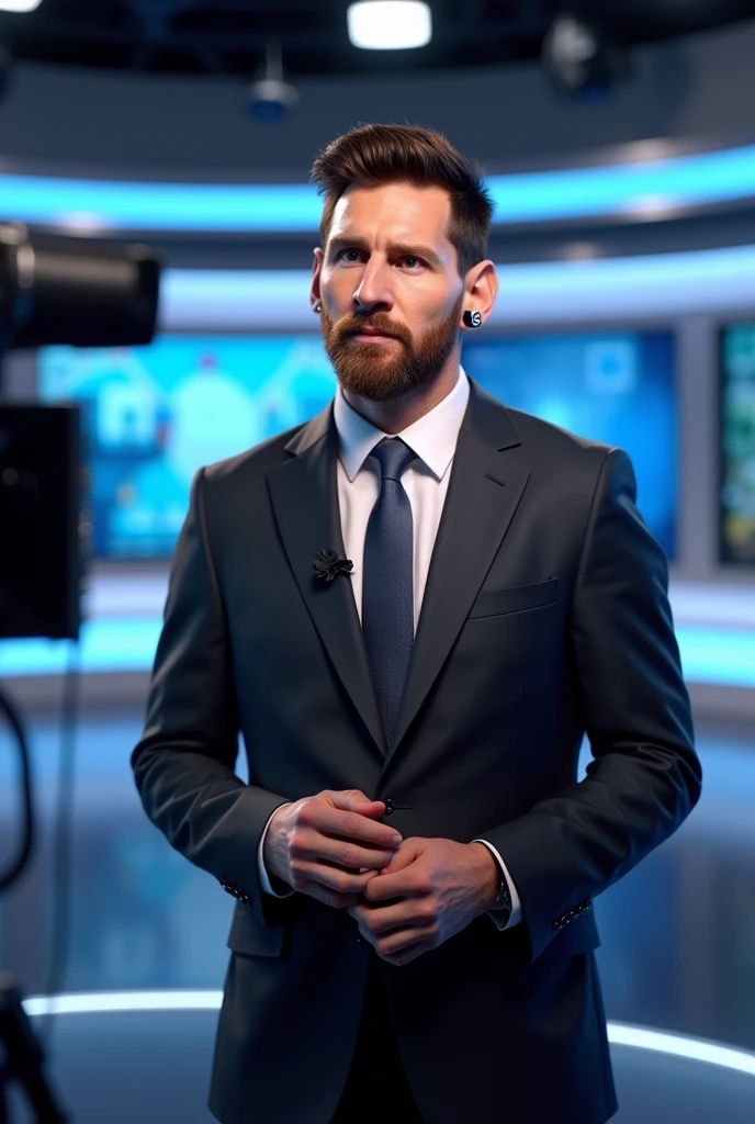 Messi as a news reporter in front of camera reading the news