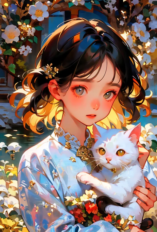 oil painting, (A scene of a woman holding a white cat in her arms, flower), A portrait expressing the deep bond between a girl and a cat, (Close-up of the upper body_A gaze that looks at the viewer), Peacefulness, high resolution, vivid silhouette, 3D textures, extremely detailed description, Oil painting style,