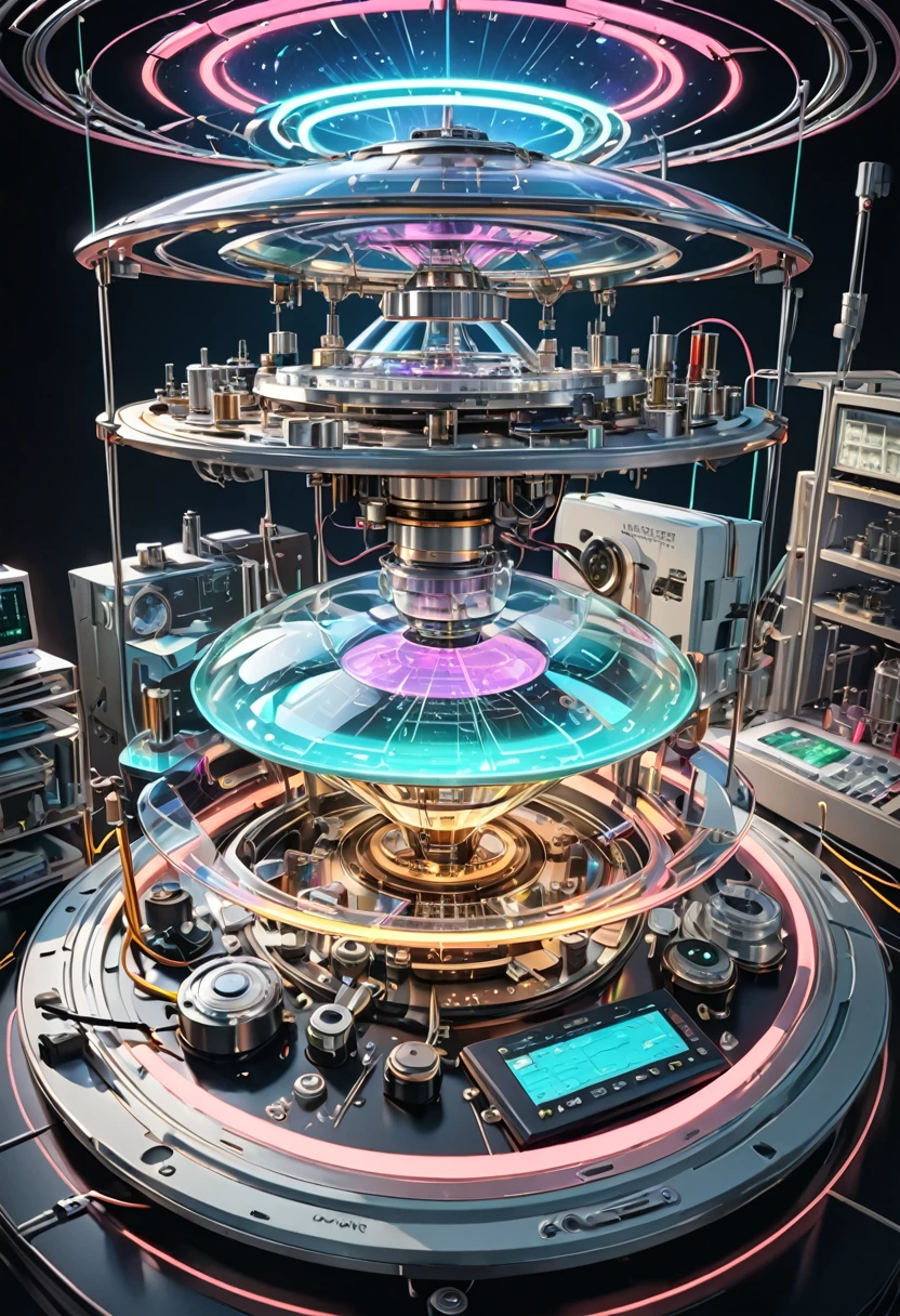 A UFO made of a metal-plated frame, a magic circle on the ground, and a kaleidoscope of iridescent neon lines in the sky, transparent, clear neon color, precision instruments, machines, machine parts, LED, wire cables, analyzers, labs, (ultra detailed, absolutely resolution, best quality:1.3), 2.5D, delicate and dynamic effects, artistic photography, hyper realistic, graphic CG digital fantasy art