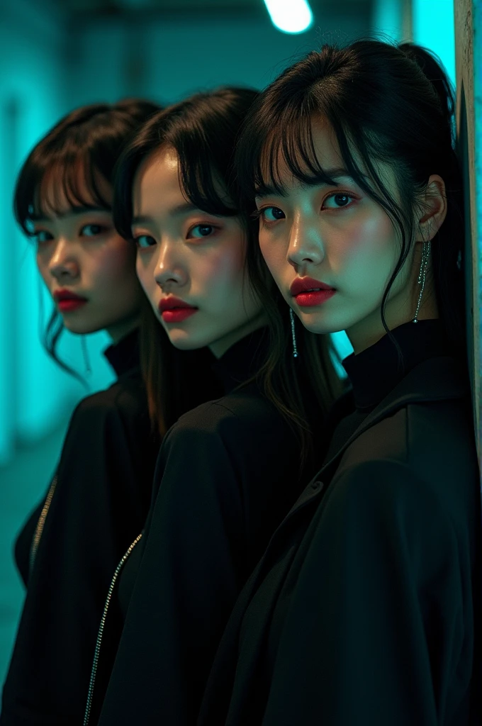 I'm taking photos for a new concept album. Create a girl group concept photo in the style of "UNTOUCHABLE"