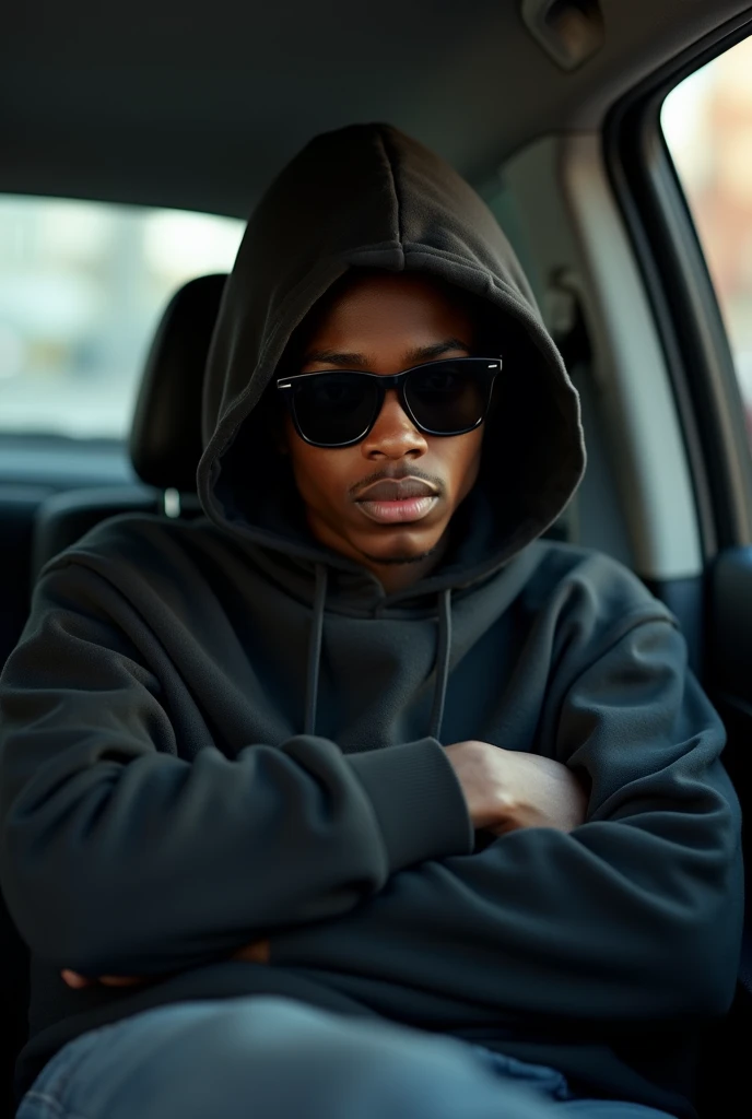 best qualityer:1.4), (ultra high resolution:1.2), (photorrealistic:1.4), (8k, CRU photo:1.2), ung teen of 20 years old. skin black. He's wearing a black hooded sweatshirt. He's got the hood on. He's wearing sunglasses. He is sitting in the back seat of the car. his arms are crossed. .