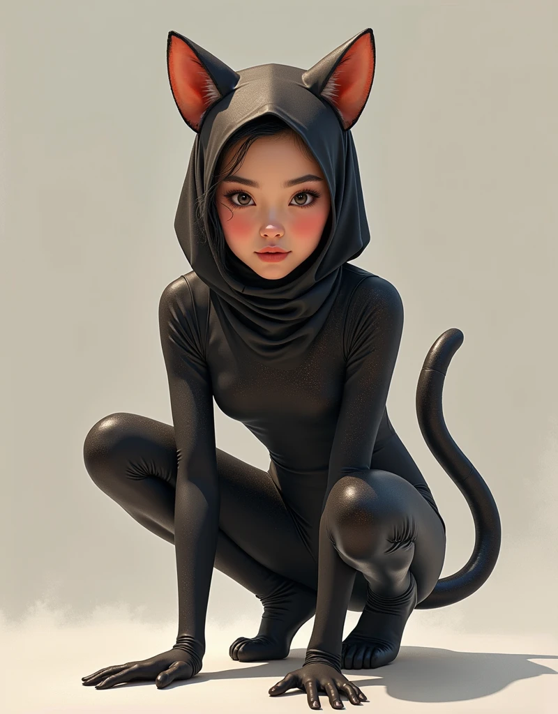 A most beautiful,most hardworking and most thinnest Malaysian Asian muslimah girl with shiny face and a pair of beautiful cheeks wears cat Lycra turtleneck unitard catsuit covered with a few spots with a tail.She always wear Lycra dancewear hijab.She is crawling!!