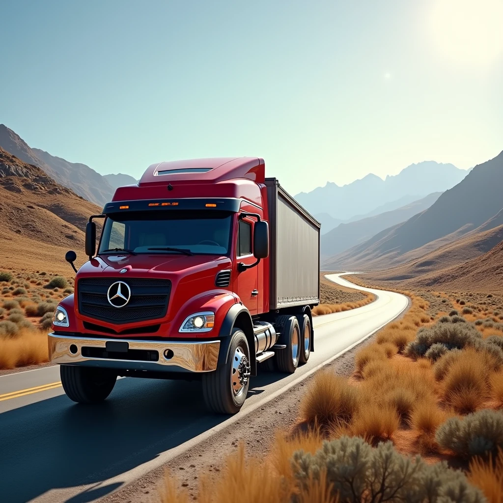 RED MERCEDES TRUCK ON THE ROAD, LANDSCAPE MODE IMAGE, TRUCK ON THE LEFT SIDE AND LANDSCAPE ON THE RIGHT SIDE