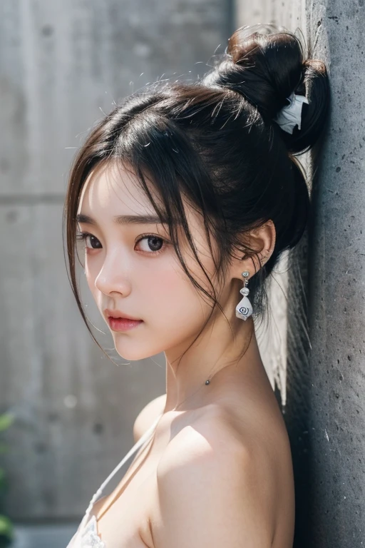 (22 year old Japanese beautiful girl,), (Small perfect breasts,:1.5,),(solo,Textured skin, Detailed skin,Detailed face,Detailed eyes,detailed posing,Natural eyebrows,High detail, Highest quality, Super detailed, Surrealism, ,8k,RAW Photos,Photographicism,Professional Lighting,Ray Tracing,Aperture F1.2,Portrait Photography,Natural Light),(((Black Hair, Natural Makeup,Simple earrings,Bun Hair, Dutch Angle, Gray Wall,Leaning against a wall)))
