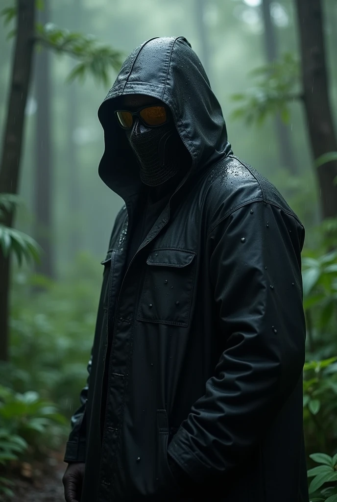 A man dressed in black, Wear a raincoat, The face is completely covered by an iron mask with glasses, Wear the M35 helmet. 

The setting is a beautiful forest, it's raining. 