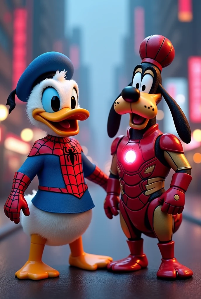 Donald Duck dressed as Spider-Man and Goofy dressed as Iron Man 