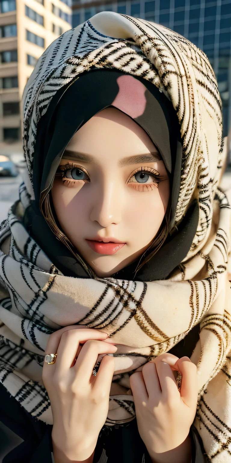 beautiful girl in hijab, 19 year old girl, perfect face, expressive eyes, makeup, eyeshadow, eyeliner, luxurious hijab, patterned hijab, hijab decoration, brooch, currently in a busy city,