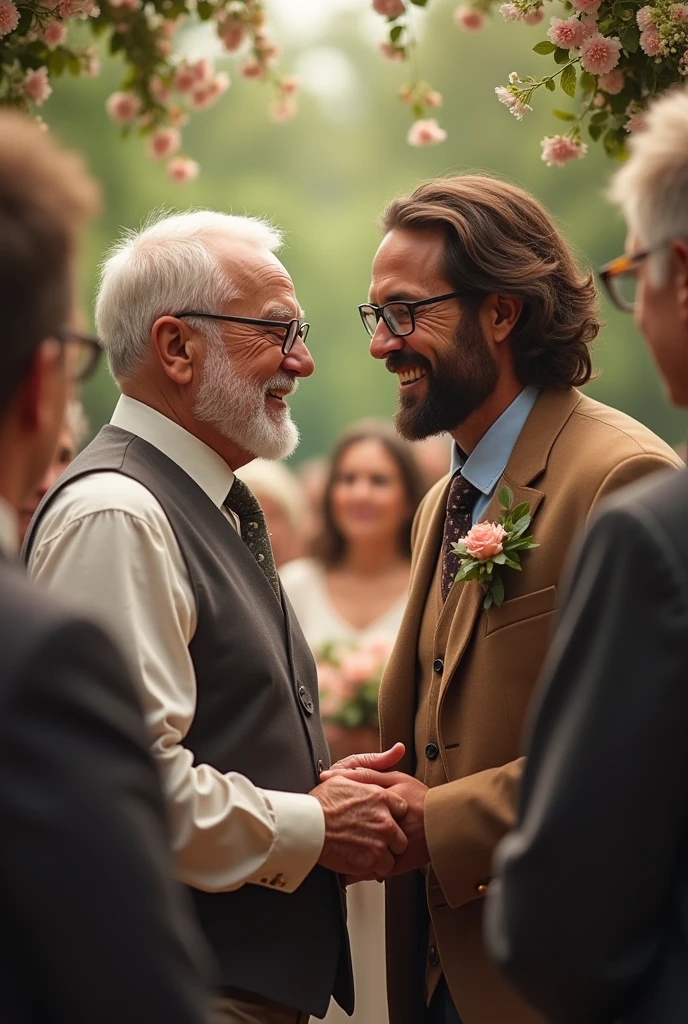 Old african american man with short white hair and glasses marrying a Caucasian man in his thirties with long brown hair with a beard and hazel eyes with glasses