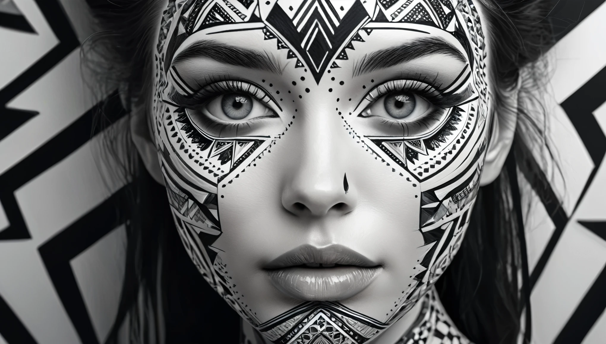 a woman with a black and white pattern on her face, stunning digital art, complicated digital art, 3 d digital art, 3d digital art, complicated digital artwork, Advanced 3D digital art, amazing detailed digital art, digital complicated art, Detailed 3D digital art, amazing digital art, 4k symmetrical portrait, 4k symmetrical portrait